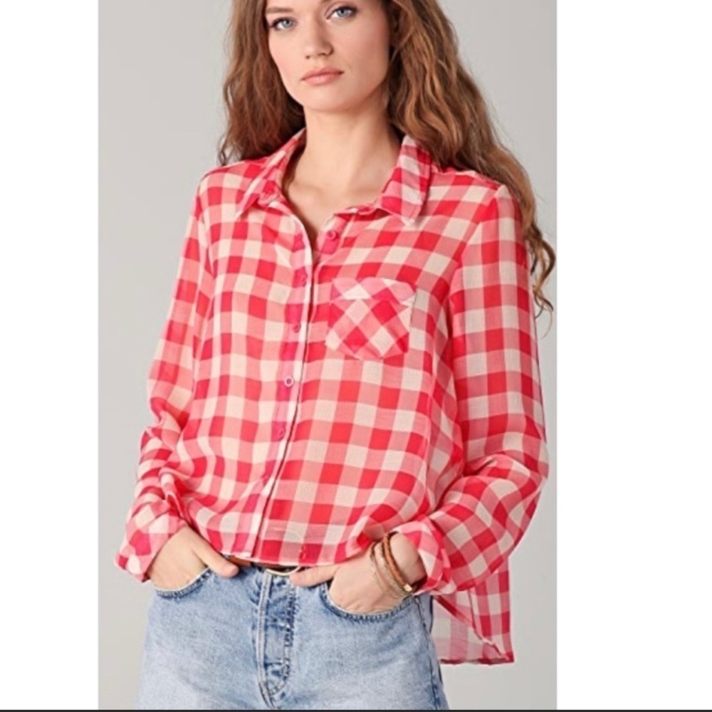 Free People Red & White Gingham Sheer Button Down Blouse Size Small